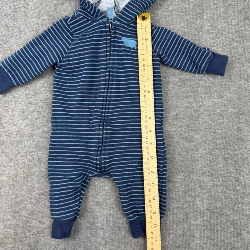 Carter's Hooded Romper Baby 3M Blue Striped Bear‎ Ears Fleece Lined Jumpsuit